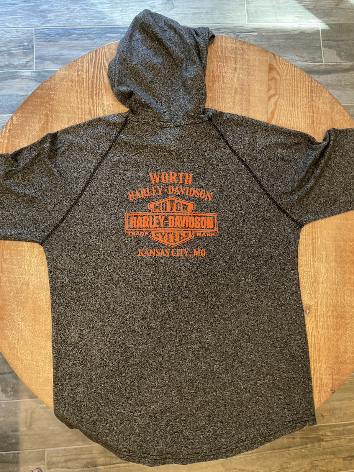 Harley Davidson Hooded Shirt L Gray Long Sleeve Pullover Hoodie Stretch Kansas