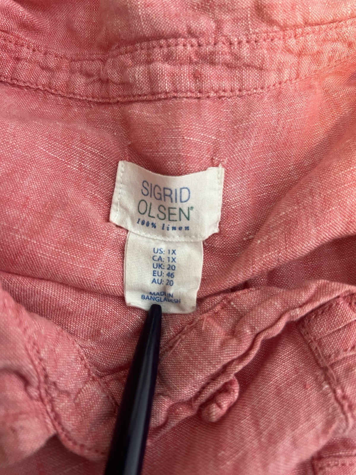 Sigrid Olsen Pink Linen Collared Button Front Blouse. Sz. 1X Relaxed fit/Minimil