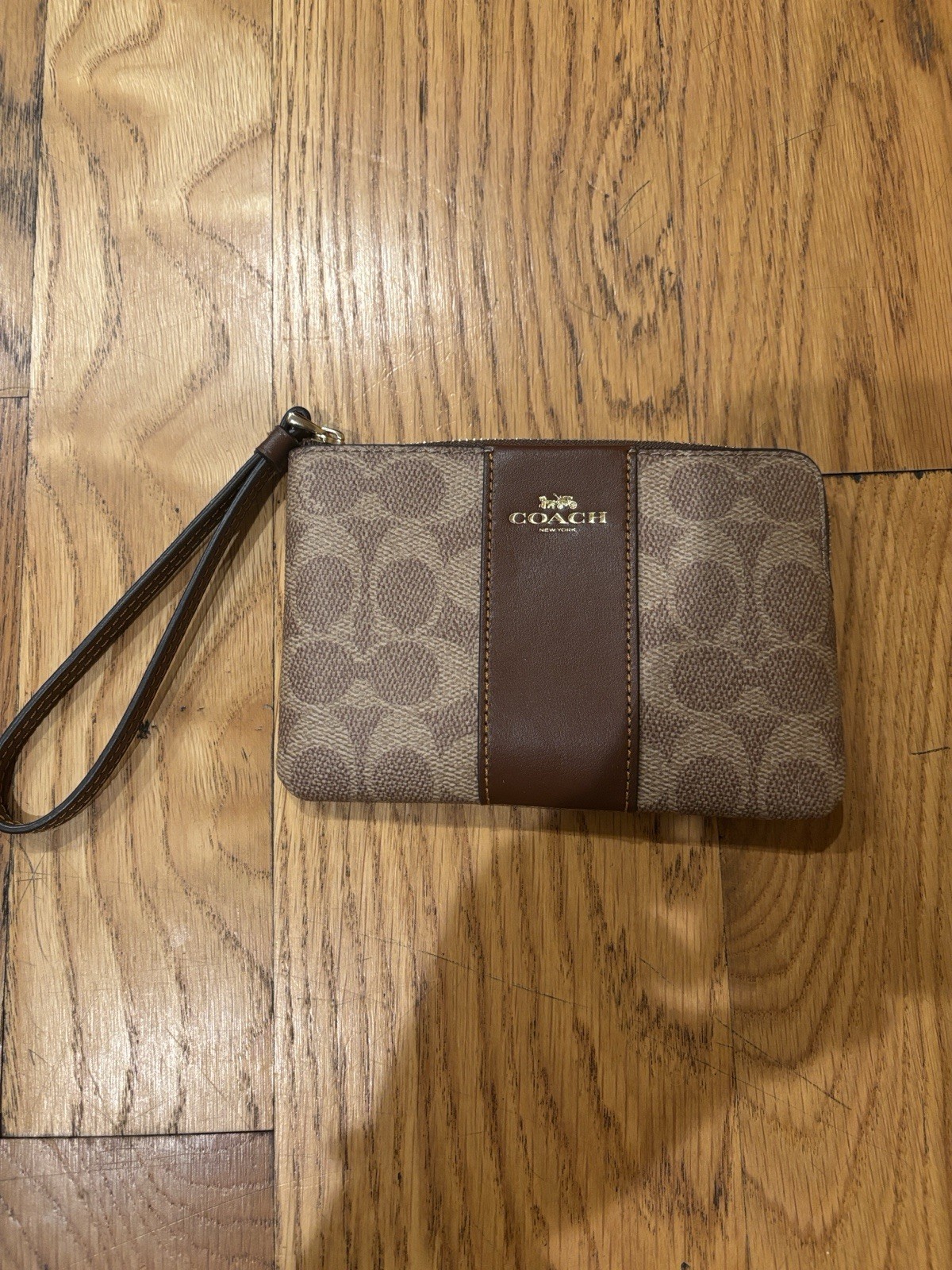 Coach Signature Brown/Beige Zip-Around Wristlet Wallet w/ Wrist Strap Logo