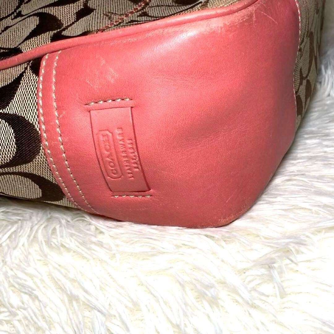 COACH Pink Brown Canvas Leather Tote Bag Logo Inner Pockets 11.8×12.6 in