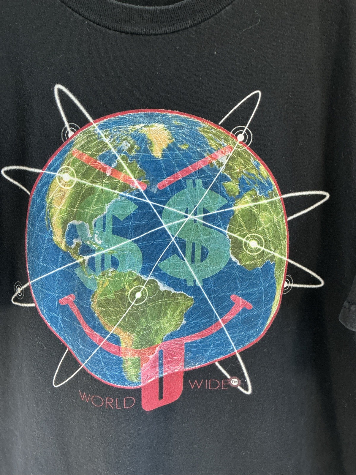 Worldwide Money Makers Black T-shirt Earth Smiley Face with Money Sign Sz L