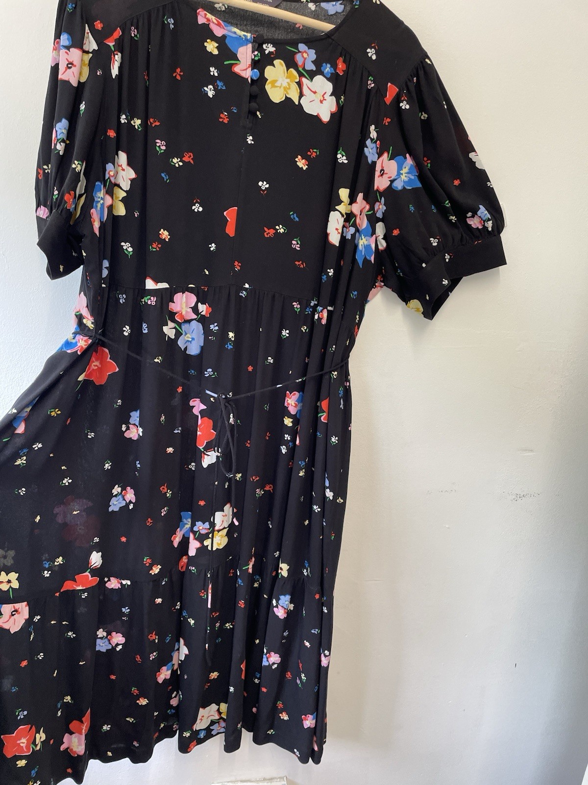 M&S Floral Print Midi Dress Size 24 Black Multi Tiered Button Detail Belted