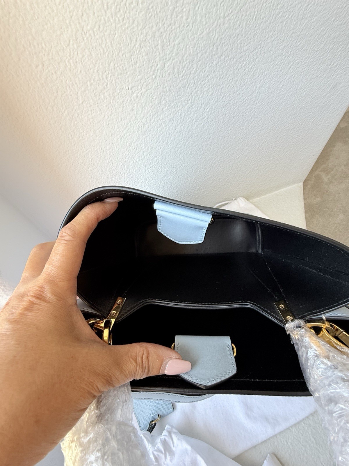 PRADA Light Blue Top Handle Satchel Detachable Strap Dust Bag Gold Hardware