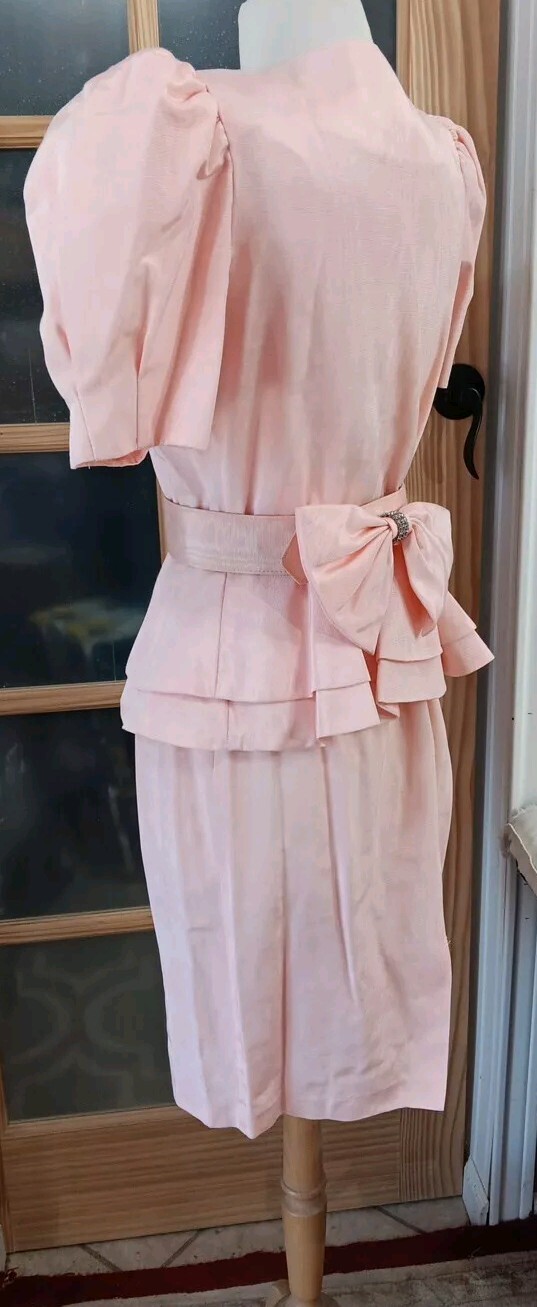 Vintage 80s Skirt Set Pretty In Pink Peplum Belt Bow Puff Sleeve Pantagis Sz 12P