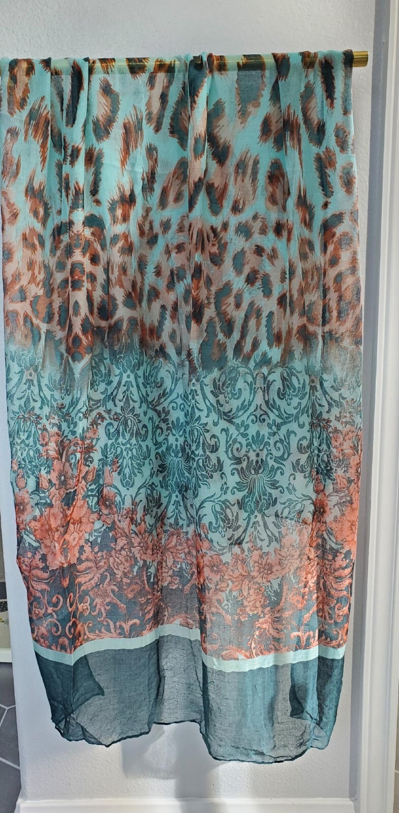 Maya Antonia Lightweight Soft Voile Scarf/Shawl,Teal-Aqua-Orange-Brown Leopard