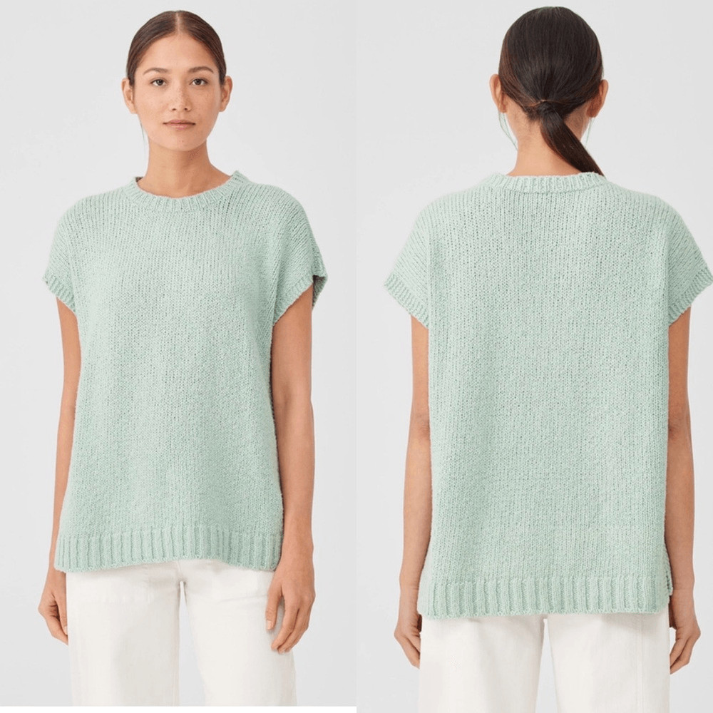 $198 NWT 1x EILEEN FISHER CREW NECK SQUARE TOP SWEATER ABSINTHE PERU ORG COTTON