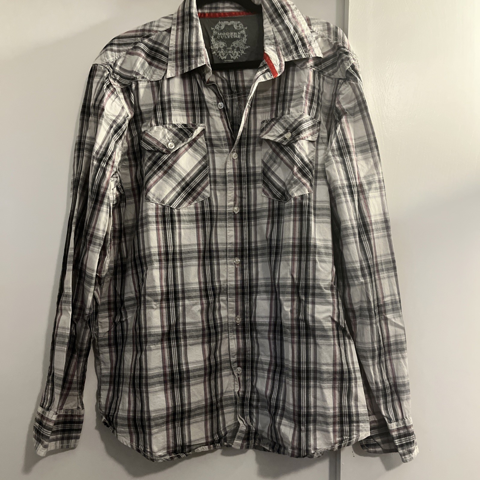 Modern Culture Men’s Western Wear Size XL Button Down Front Plaid Gray & Red
