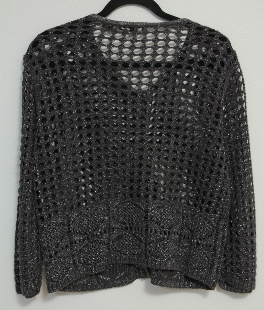 Jeanne Pierre Crochet Open Knit Sweater Women’s Metalized Silver/Grey Yarn Large