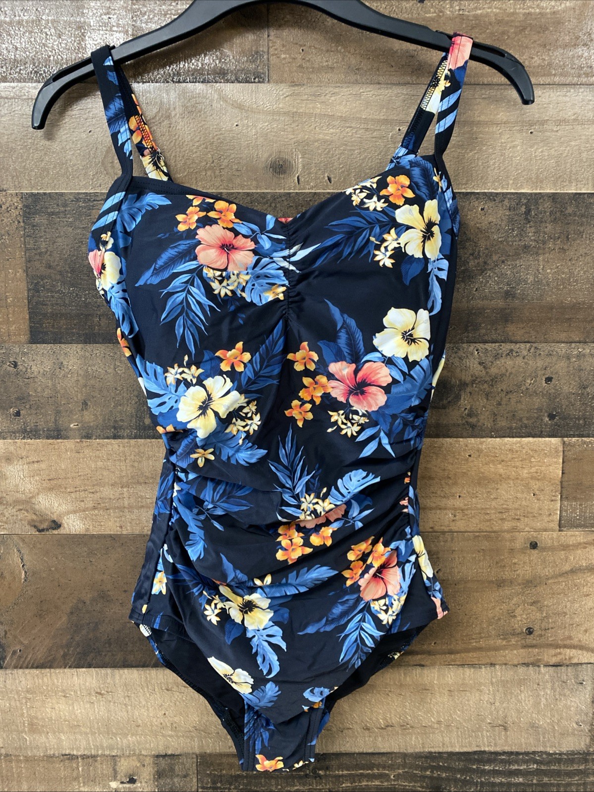 Lands’ End Ruched Sweetheart One Piece Swimsuit Black Tropical Size S 6-8 New