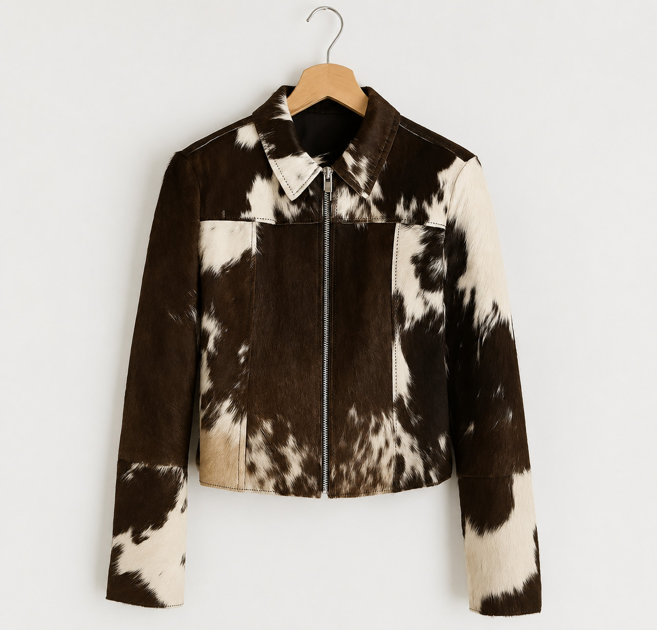 Women’s Genuine Cowhide Leather Jacket Hair On Hide Brown White Western Ranch