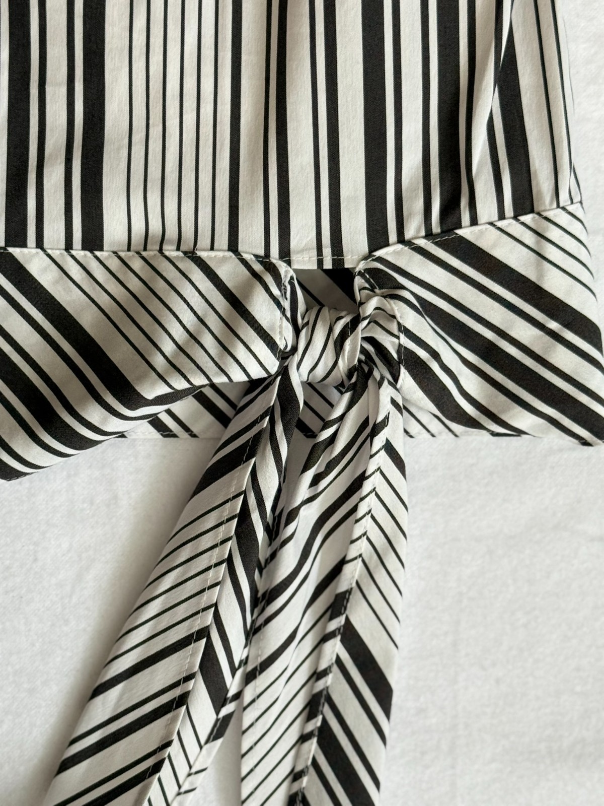 Talbots Petites SP Black White Stripe Tie Waist Long Sleeve Blouse Cotton