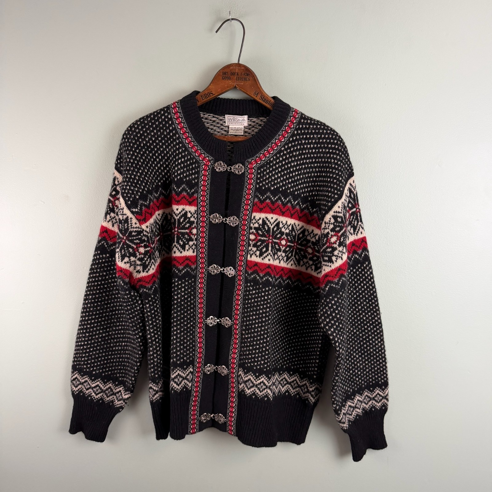 VTG Women Willi Smith Black Fair Isle Shetland Wool Cardigan Sweater Size Large