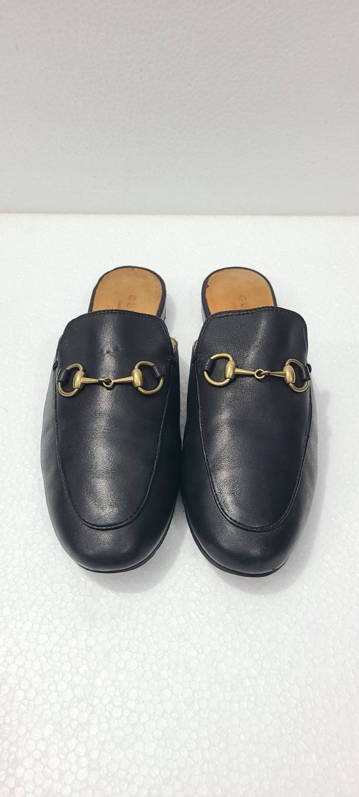 GUCCI Black Leather Princetown Mules Slides Gold Horsebit Size EU 35 US 4.5