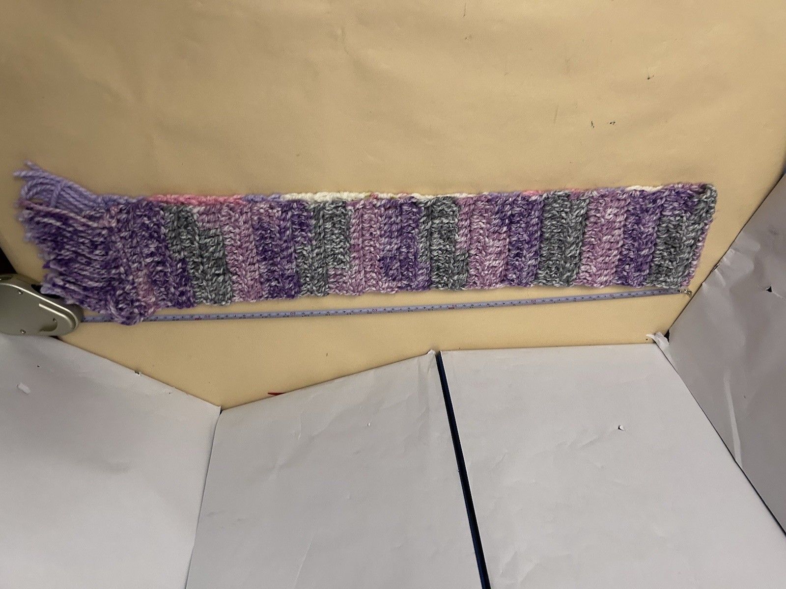 Handmade knit multicolor scarf pink/gray/white/purple