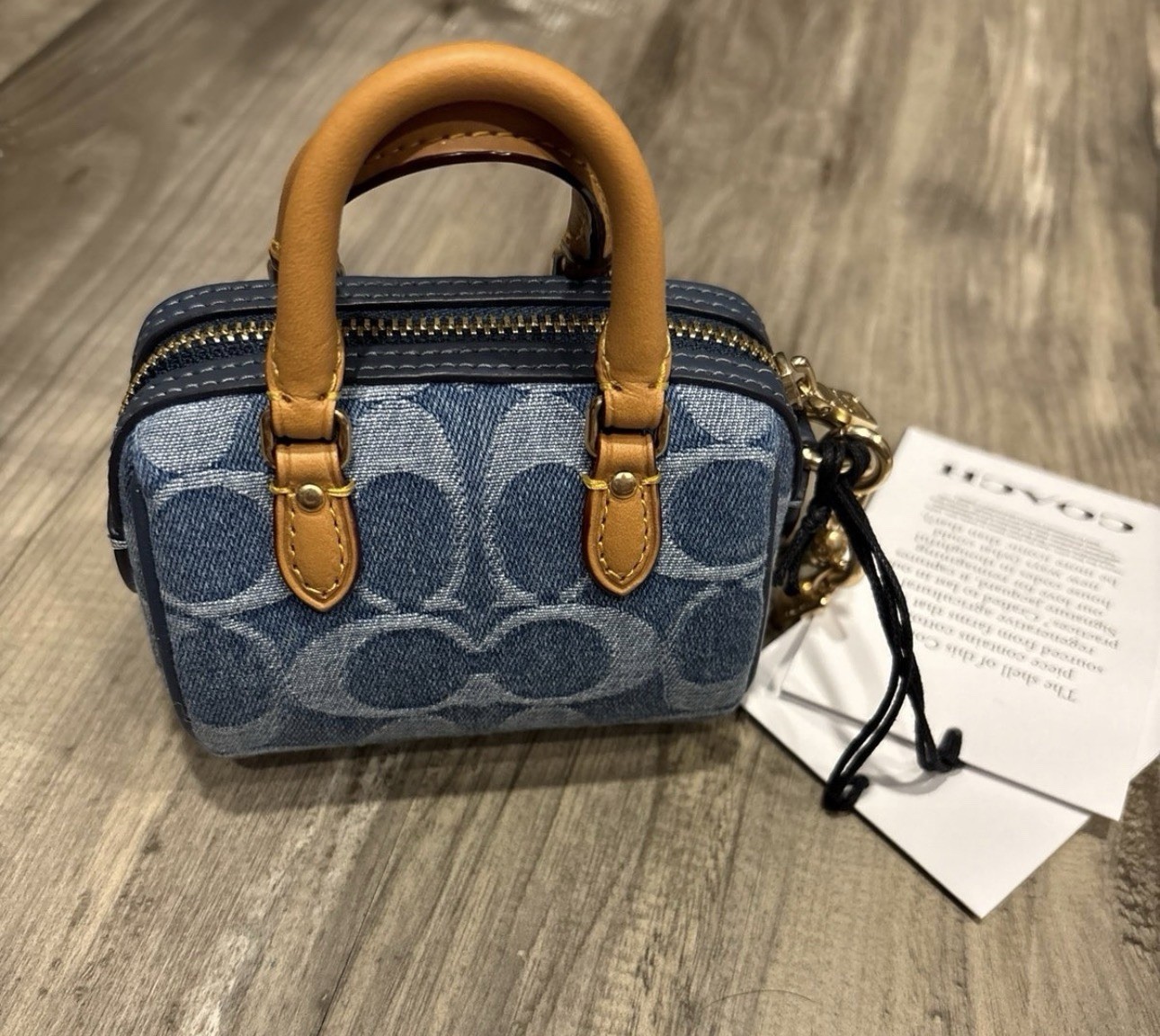 Coach Blue/Tan Denim Logo Bag Charm for Women, Signature Pattern, Zip Case