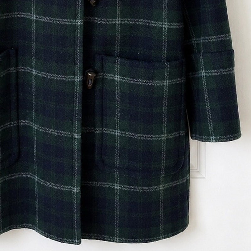 J.Crew Wool-Blend Hooded Toggle-Button Duffle Coat – Black Watch Plaid – Size 2