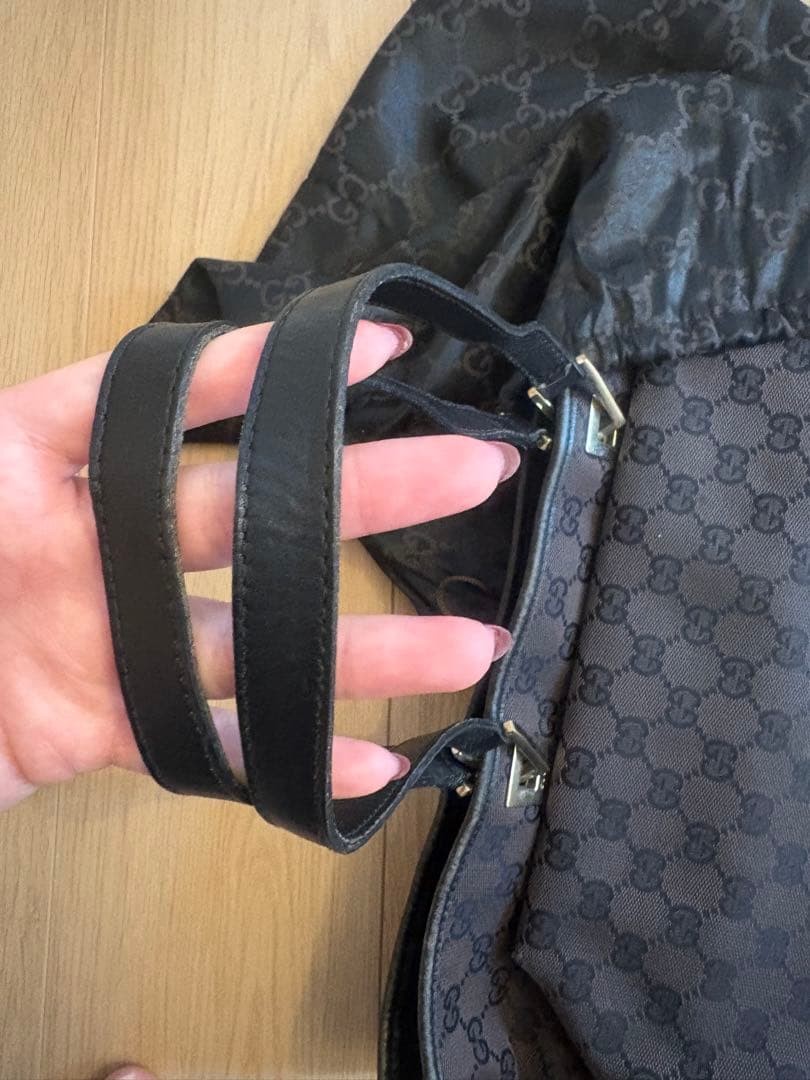 GUCCI GG Tote Hand Bag Leather Canvas Dark Brown Black Gold Hardware From Japan