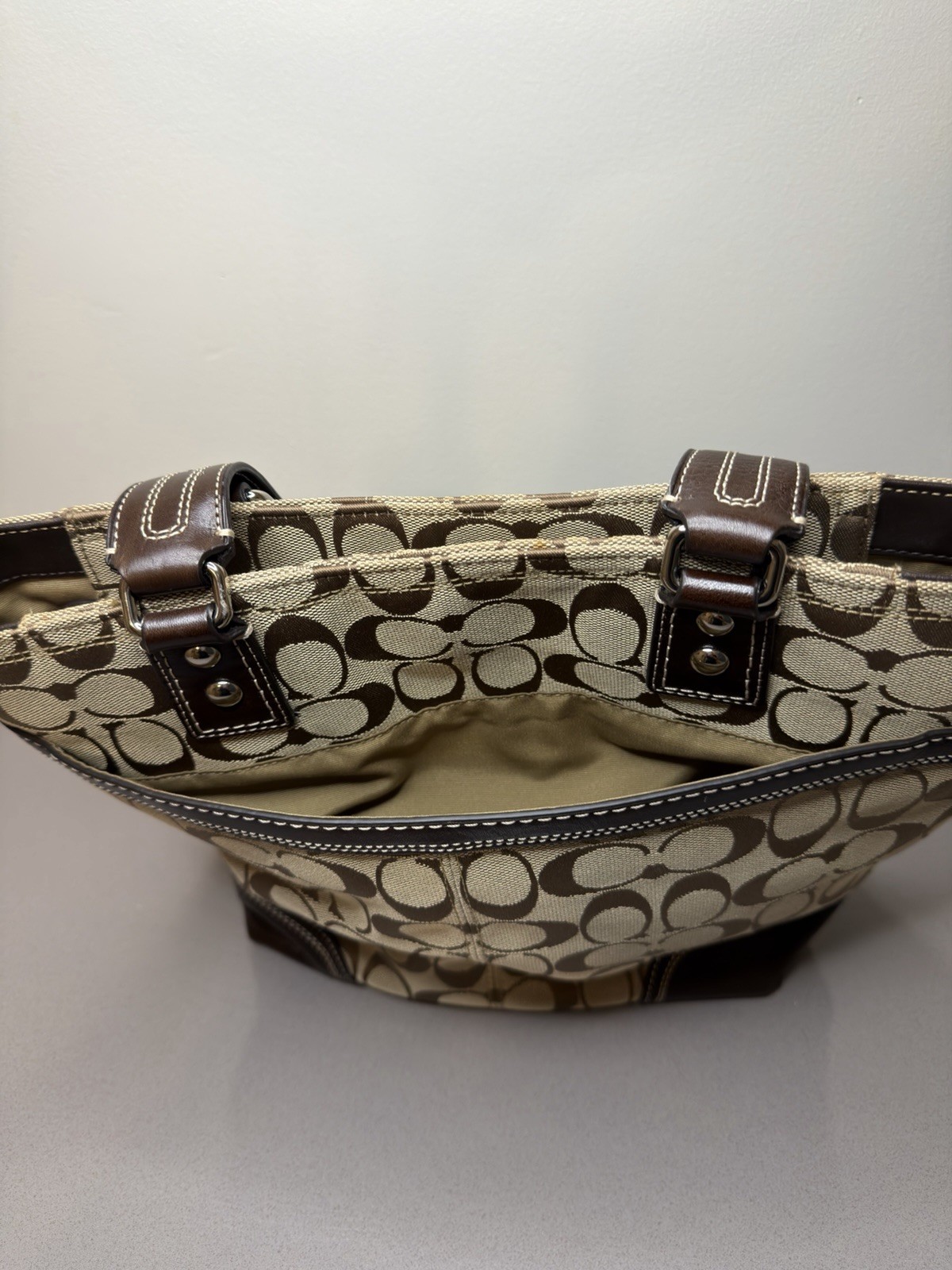 Coach Signature Monogram Brown/Beige Medium Tote Zip Top, Inner Pockets