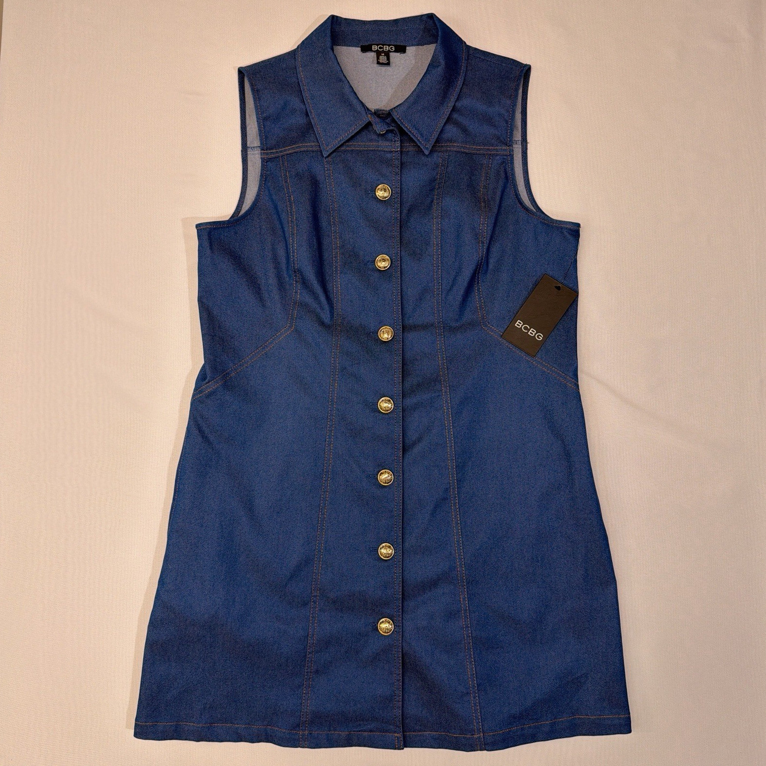BCBG NWT Denim Sleeveless Button Front Mini Dress Gold Buttons Pockets Blue 14