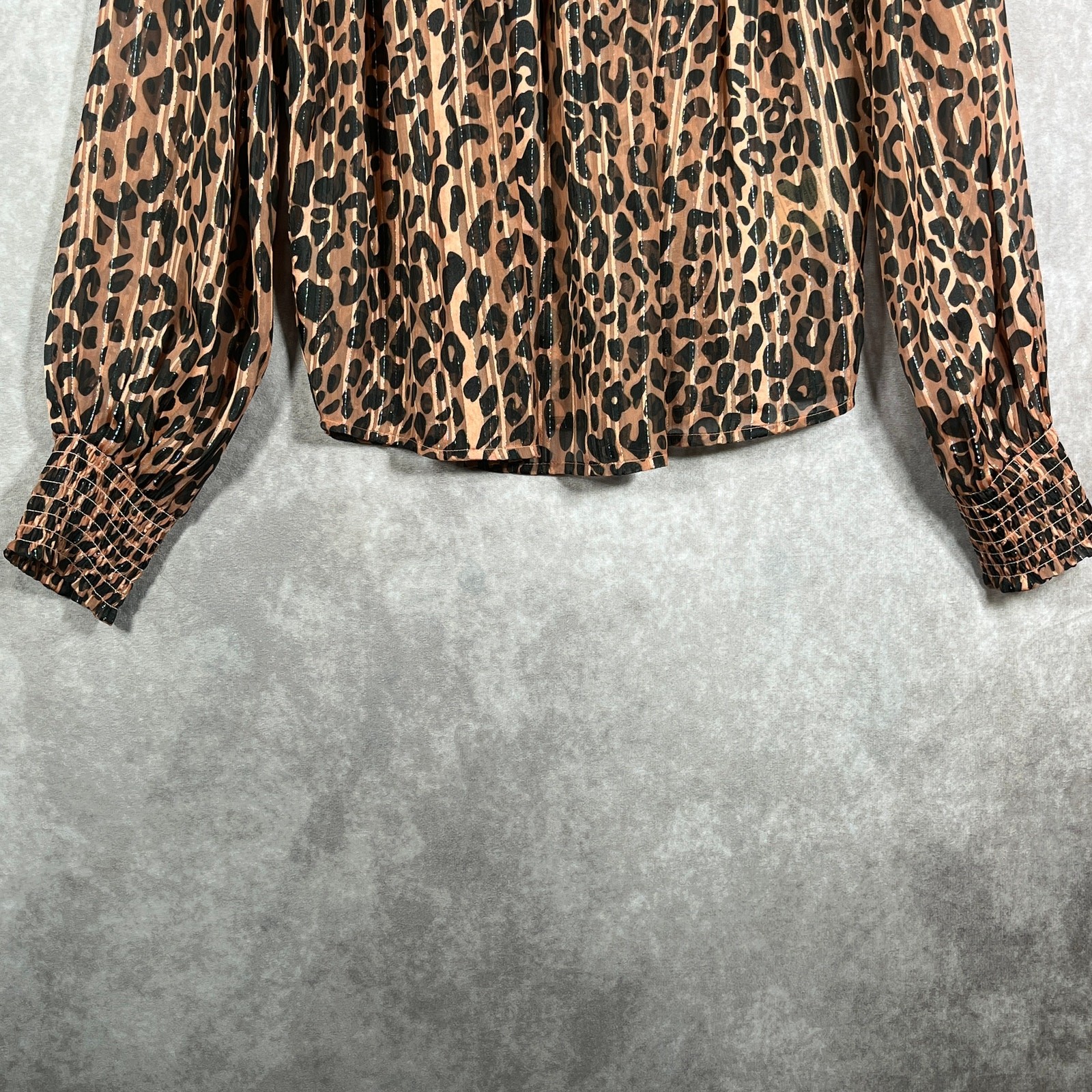 Scotch & Soda Blouse Womens XS Brown Black Leopard Long Sleeve Smocked Casual