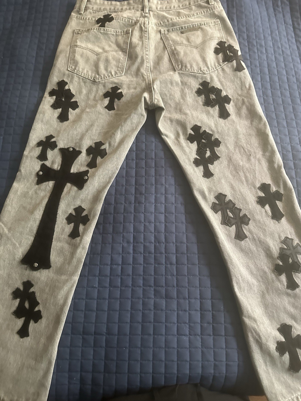 Chrome Hearts Men’s Gray Denim Straight Jeans Black Cross Patches Button Fly