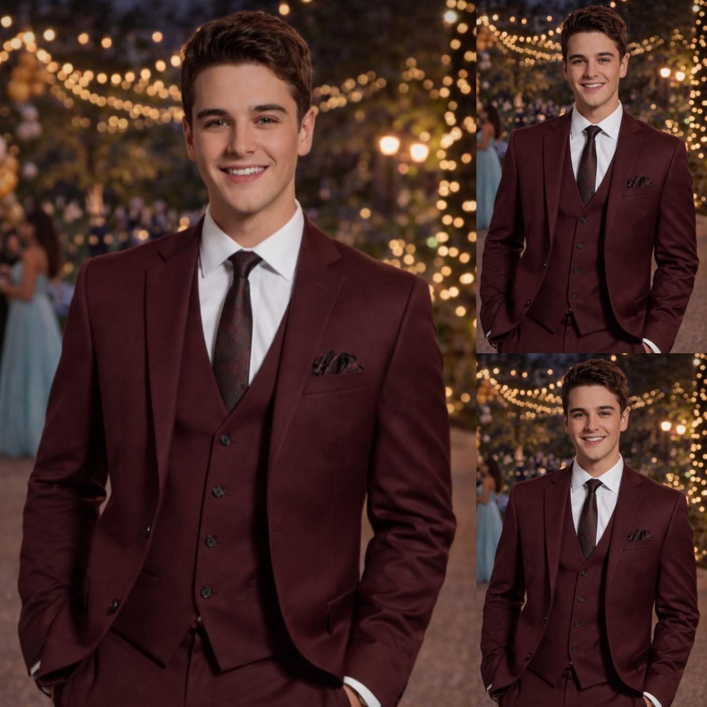 Burgundy 3Pcs Men’s Suits Notch Lapel Coat Wedding Dinner Party Jacket Blazer