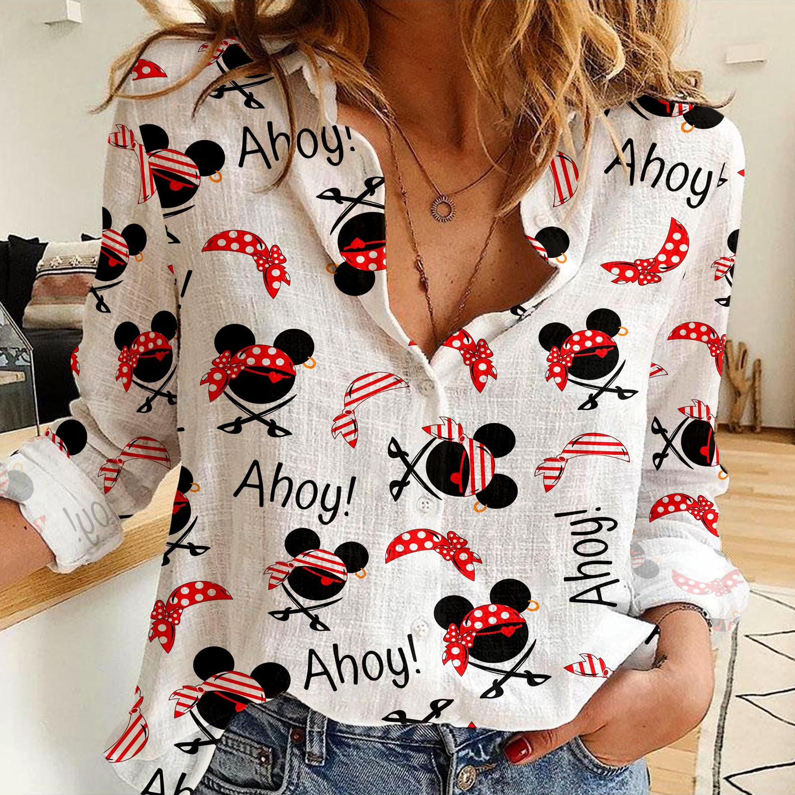 Ahoy Mickey Minnie Pirate Funny Team Womens CasualShirt Button Up Shirt Disney V