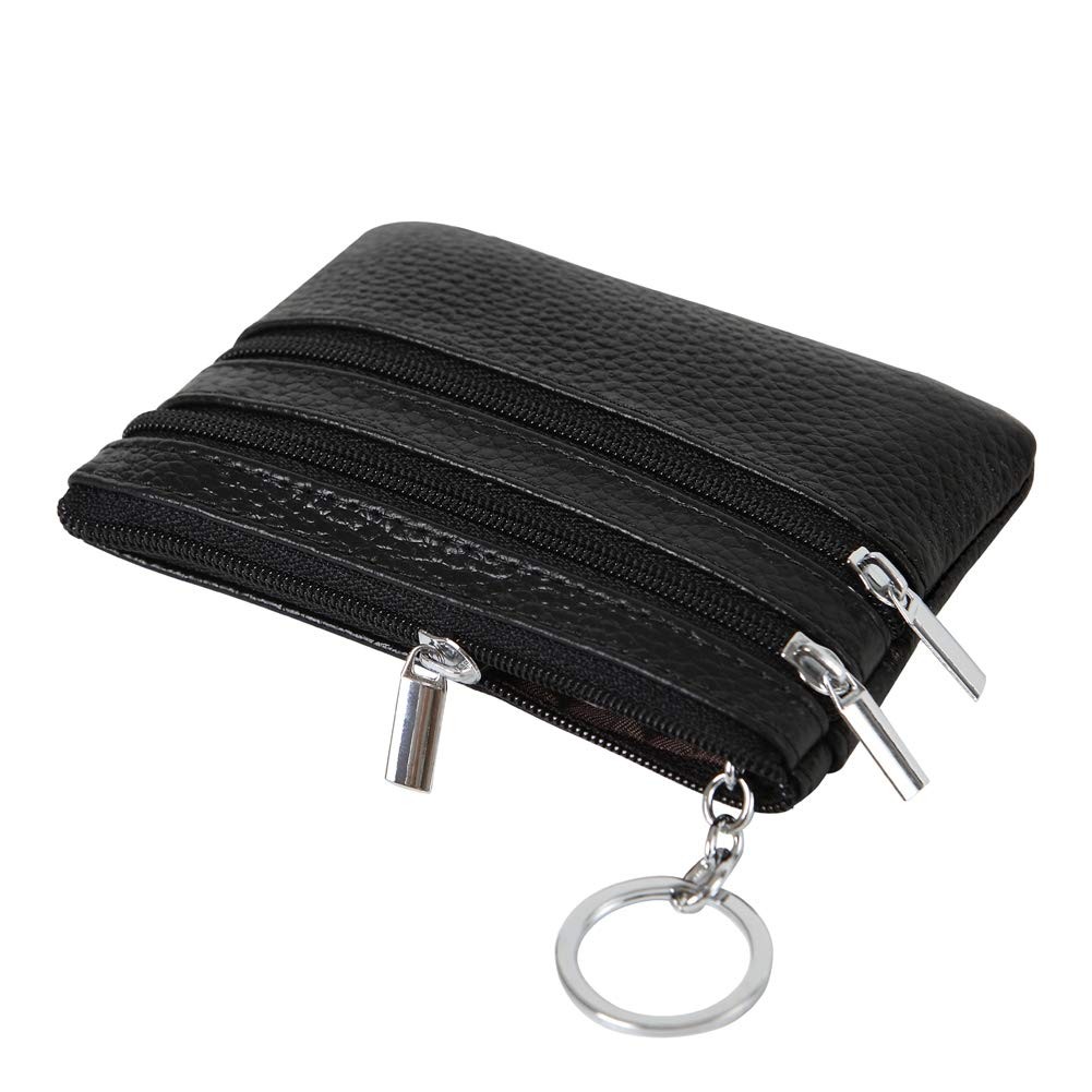 Black Leather Coin Purse Pouch with 3 Zipper Pockets for Cards and Cash