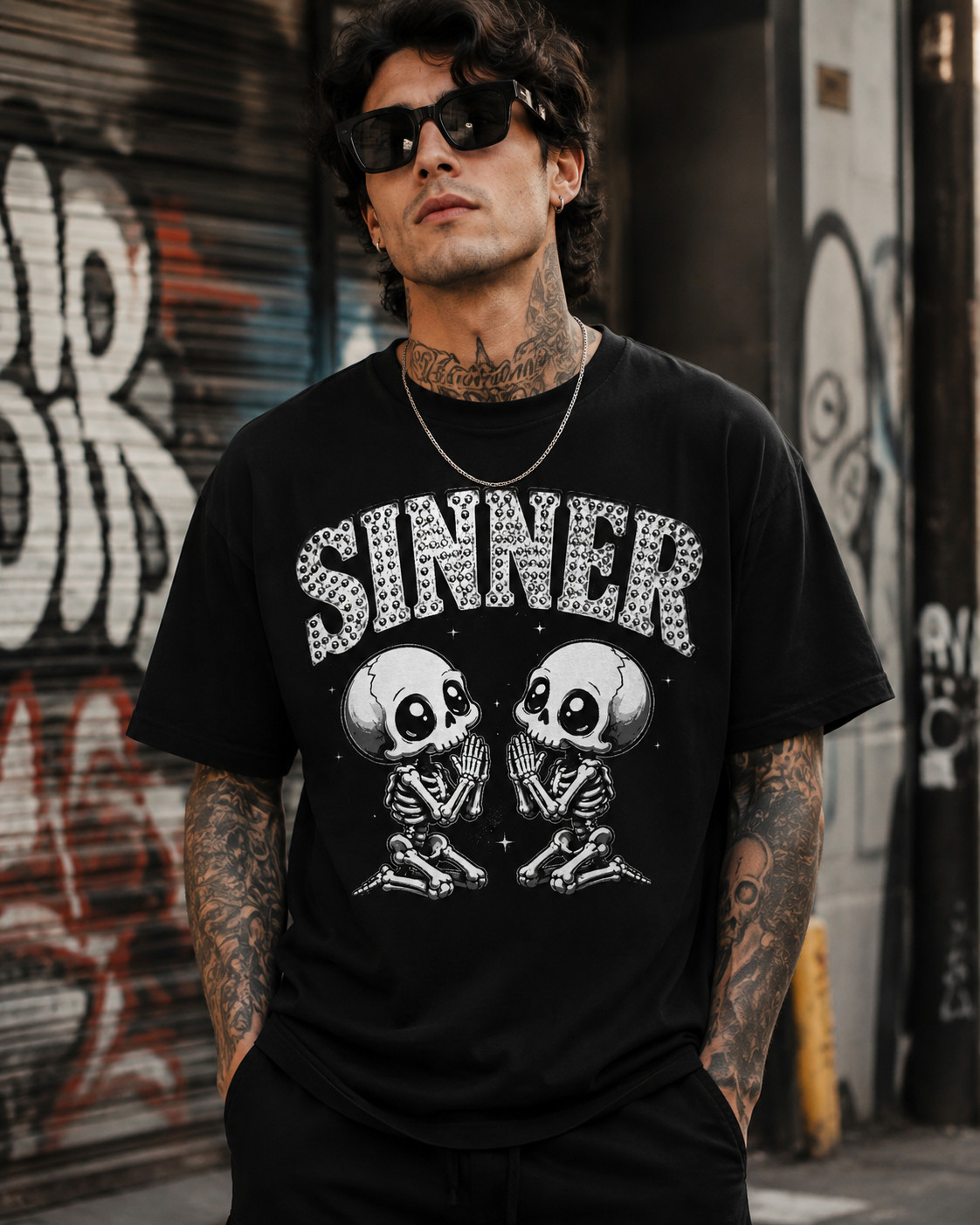 Sinner Skulls Praying Skate & Hip Hop Streetwear T Men’s Big Tall Tee Shirt