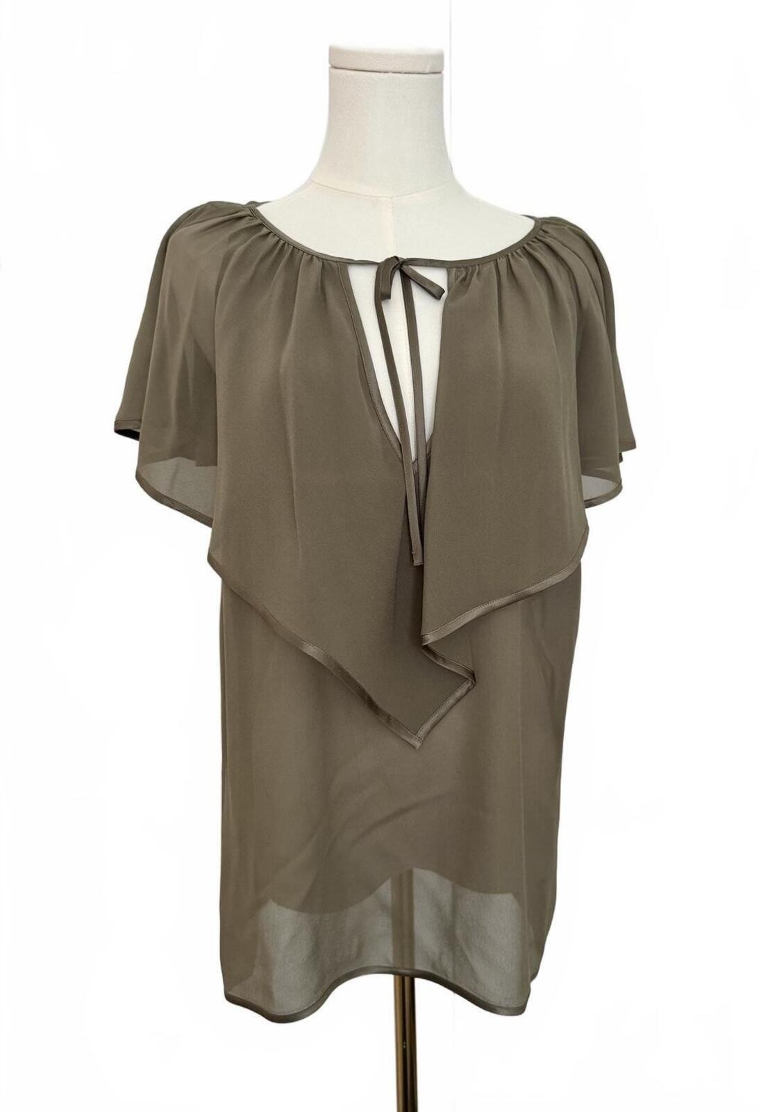 Escada Silk Sheer Olive Flutter Sleeve Tie-Neck Blouse