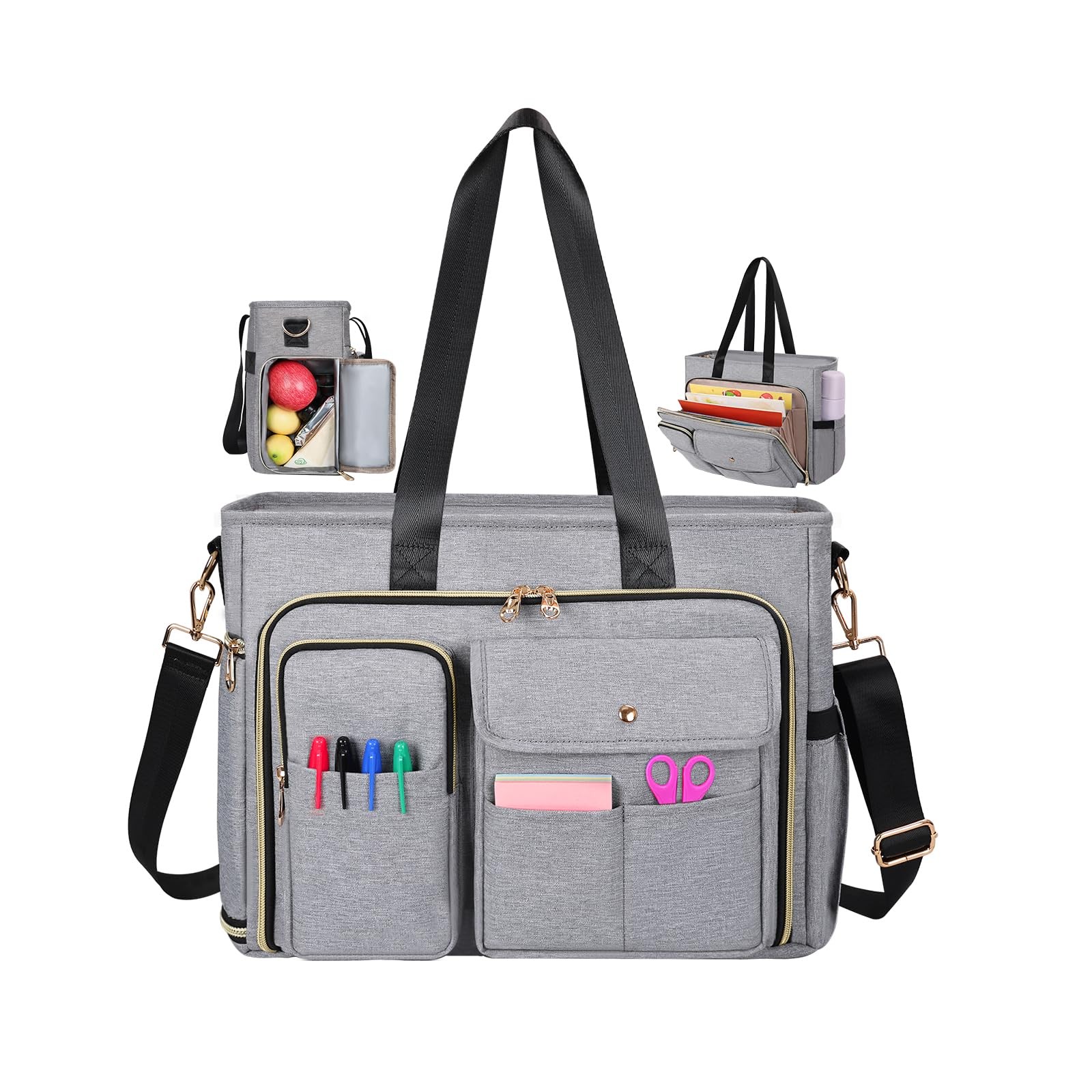 Teacher Tote Bag Women 15.6 Inch Laptop Work Accordion File Pocket Grey
