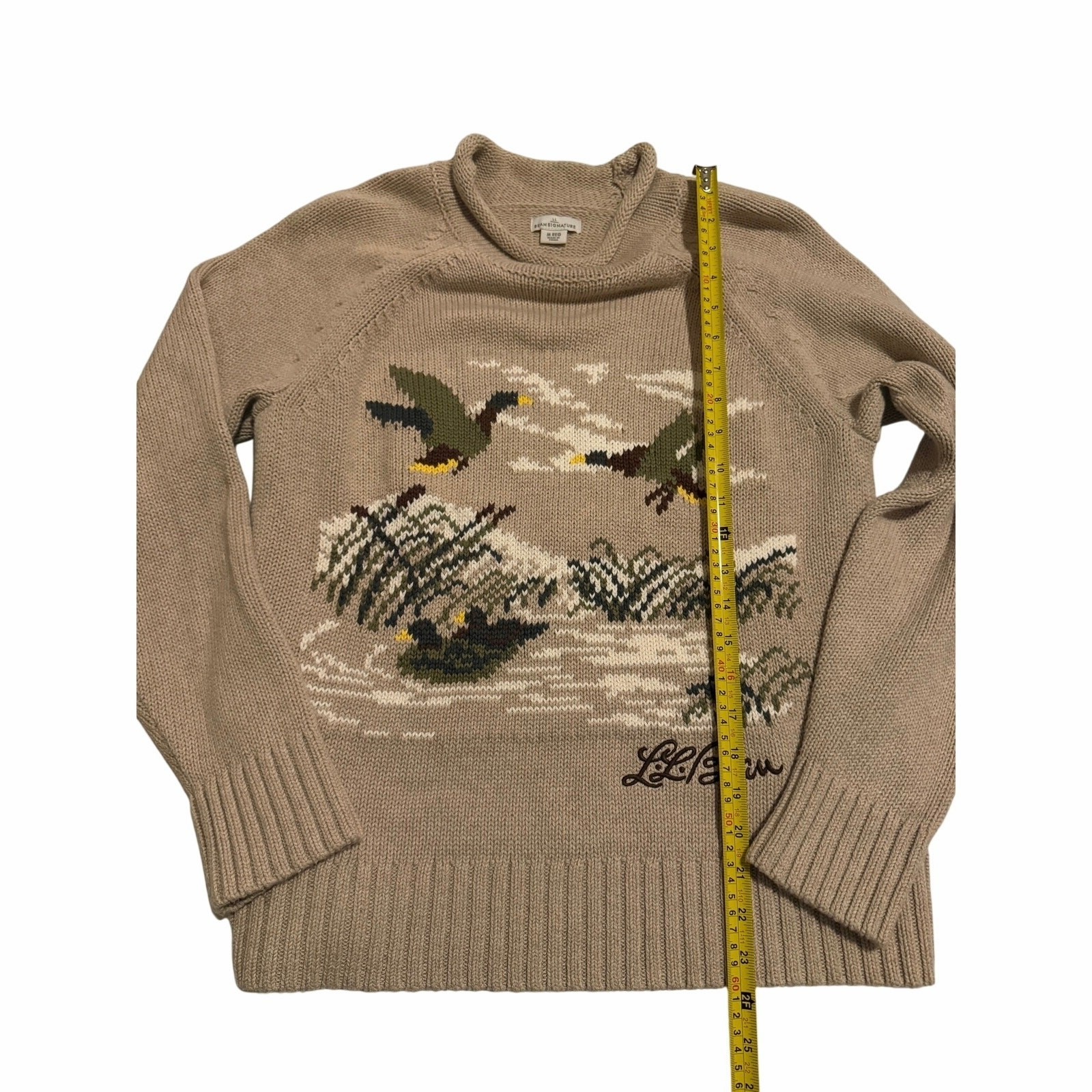 LL Bean Signature Khaki Roll Neck Sweater with Ducks