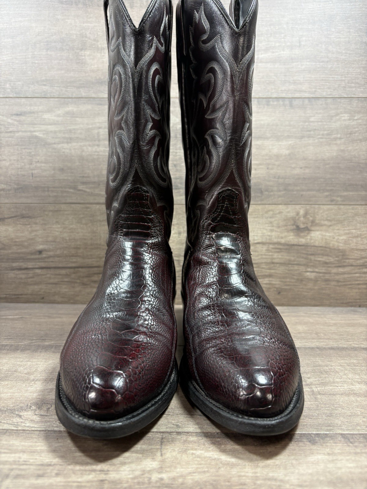 J Chisholm Genuine Ostrich Skin Cowboy Boots Burgundy Leather Mens Size 10.5 D