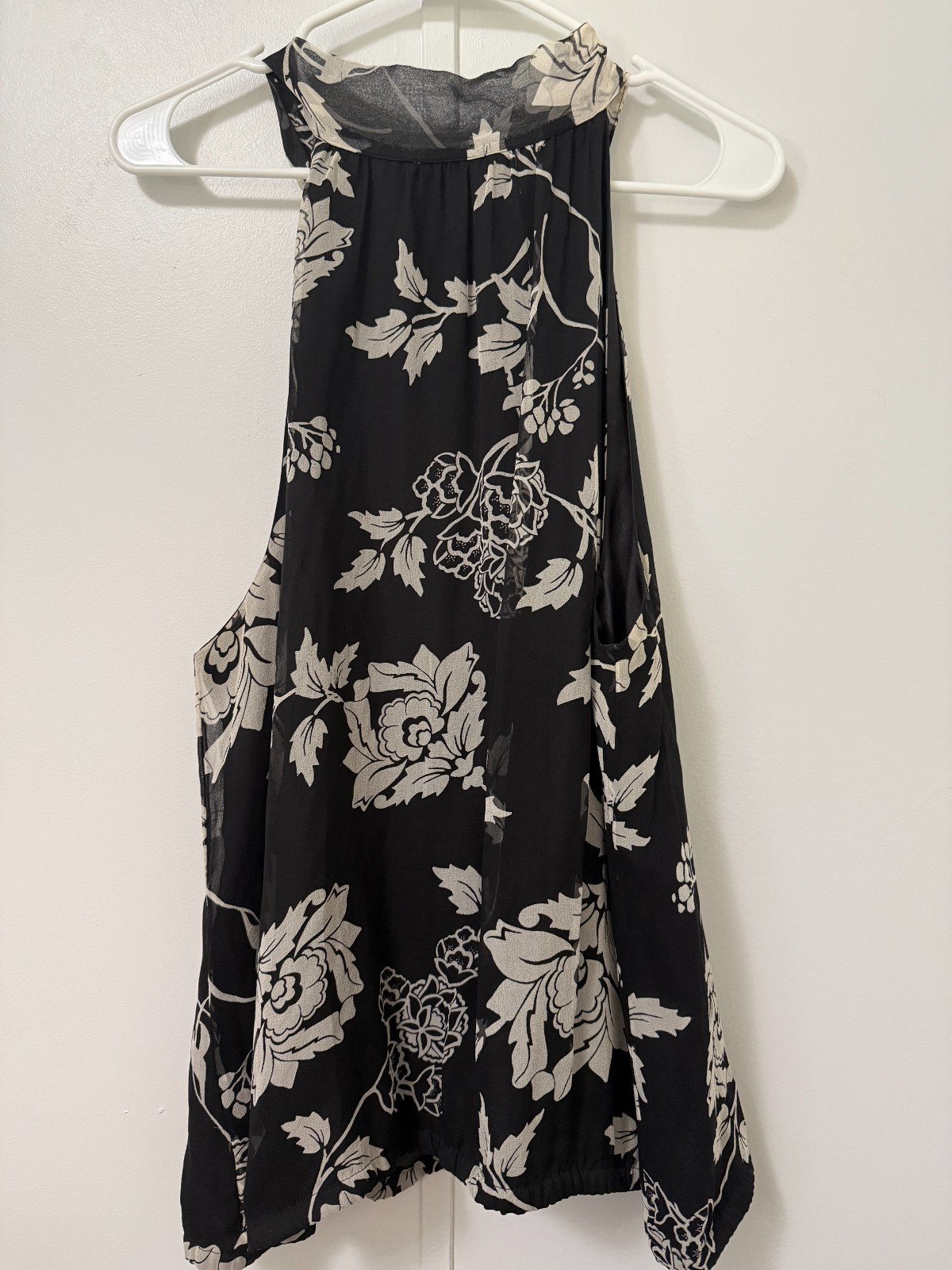White House Black Market Silk Black Floral Halter Blouse XL Old Money Career