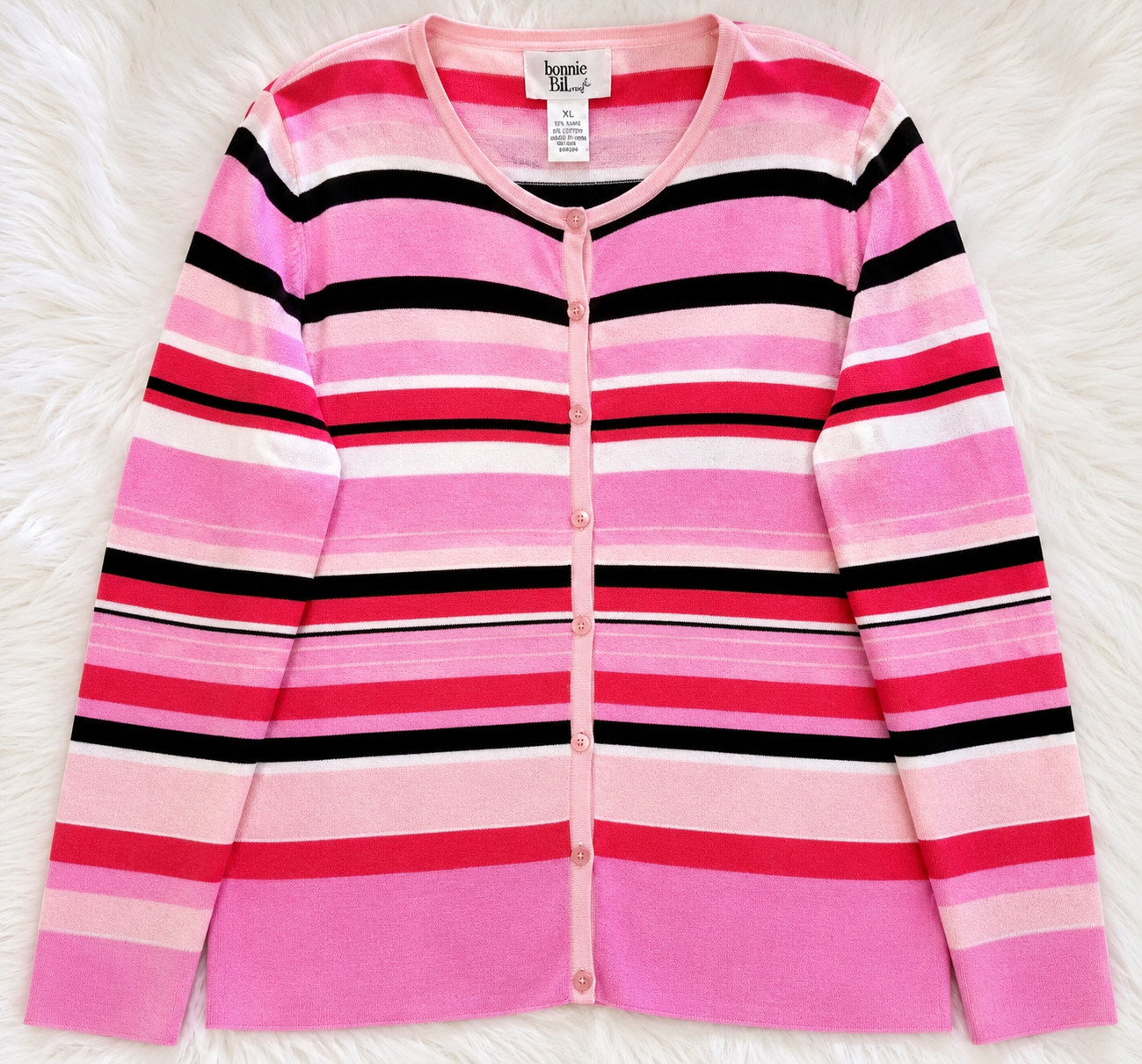 Y2K PINK STRIPE CARDIGAN XL BARBIECORE PREPPY BUTTON FRONT SWEATER