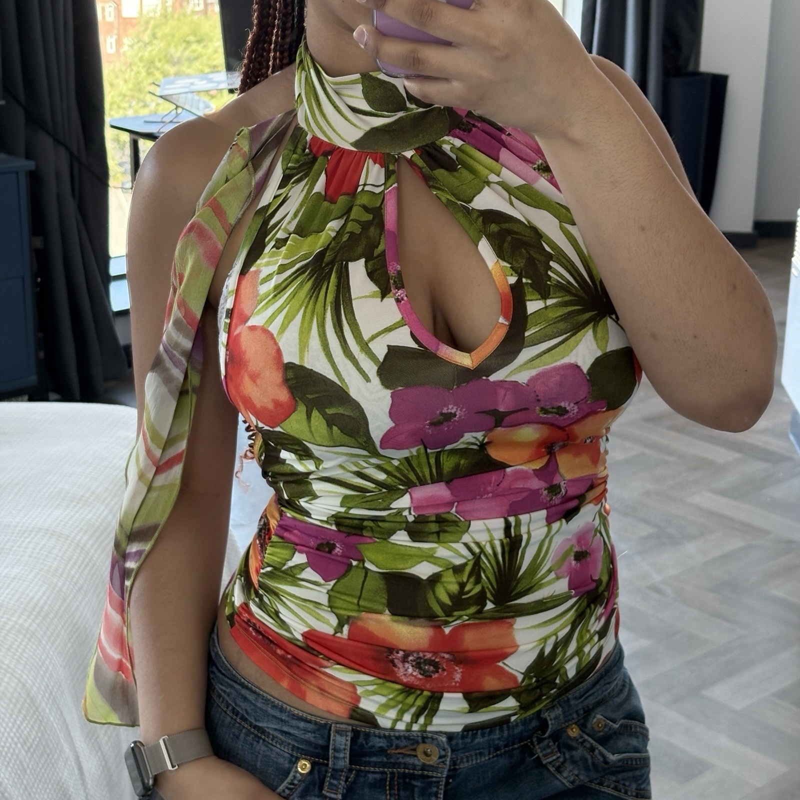 Morgan De Toi Tropical Floral Halter Neck Top Y2K Multicolour Ruched Side Small