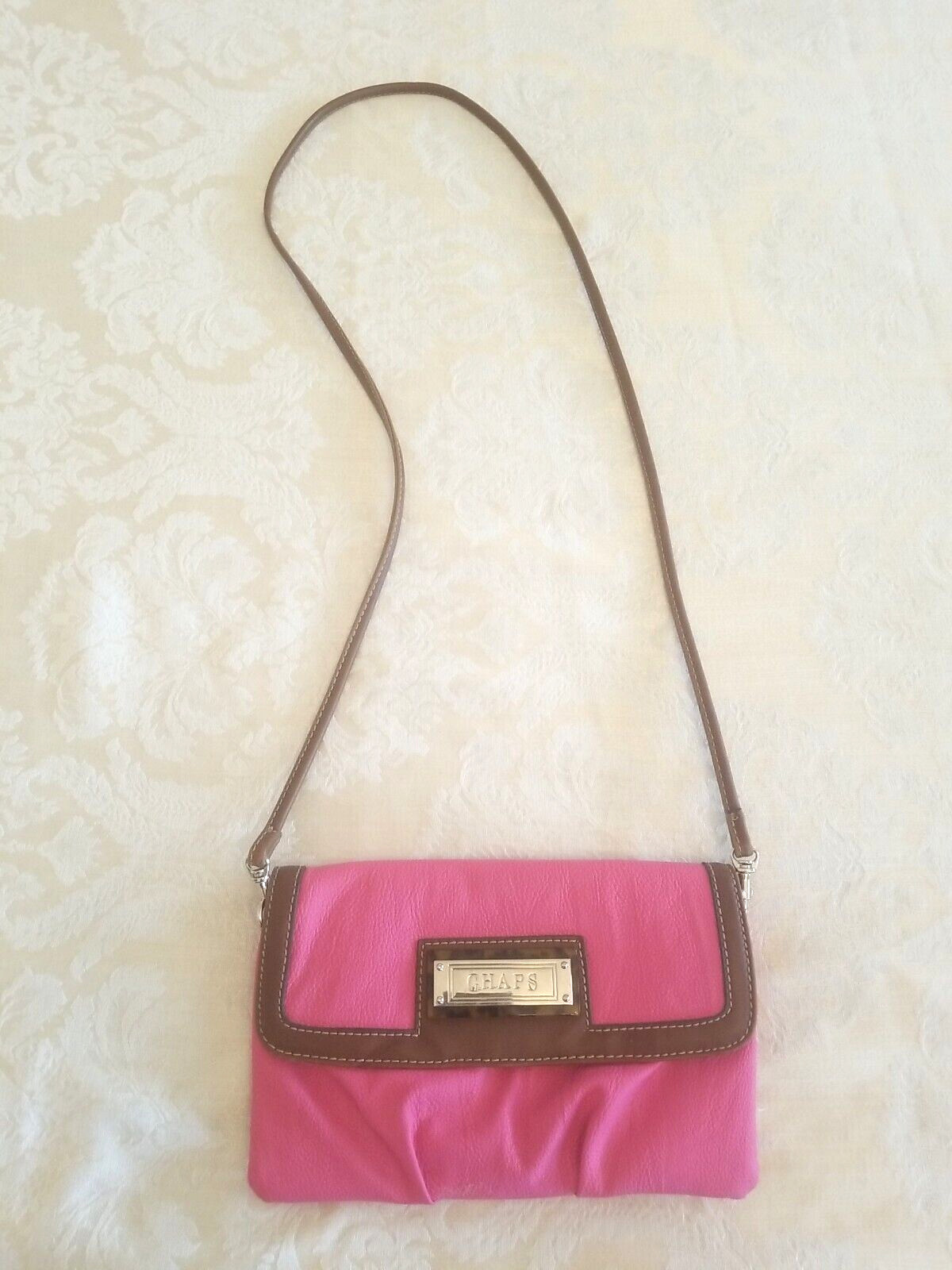 Chaps Crossbody/Clutch Purse Pebble Grain Man-Made Material Pink/Brown ~ B