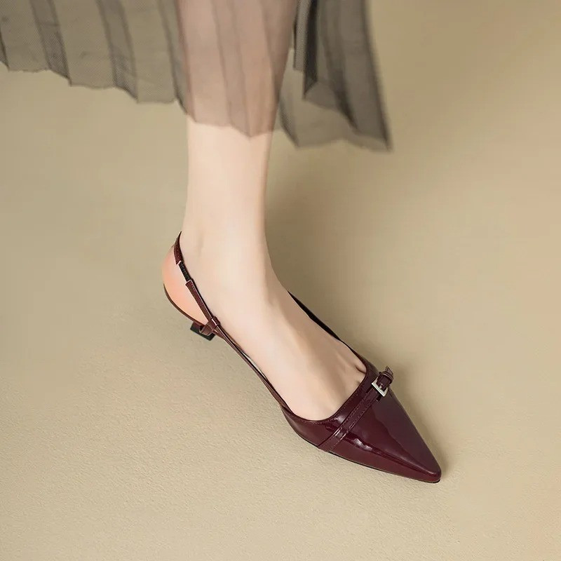 Women’S Patent Leather Pointed Toe Mid Heel Sandals Retro Slingback Shoes