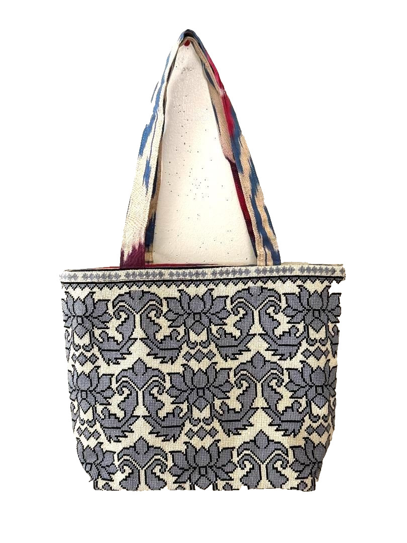 TOP QUALITY CROSS STITCHED HAND EMBROIDERED UZBEK SILK TOTE BAG