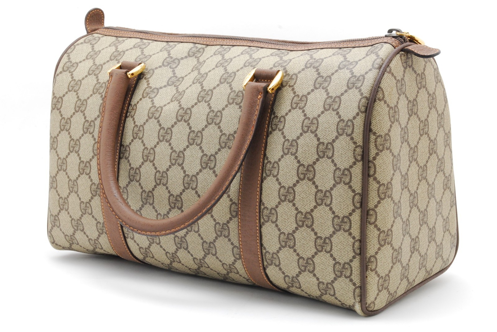 Gucci GG Supreme Canvas Leather Boston Bag Beige Brown