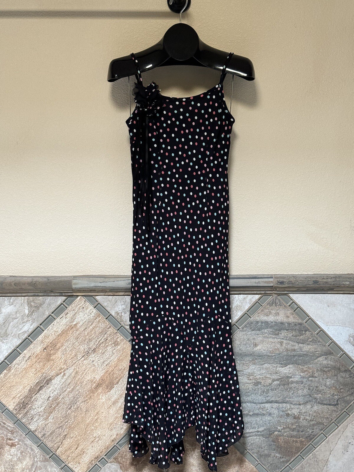 Designer Evan Picone Women’s Petite Dress Size 2P Black Polka Dots Lined Zig Zag