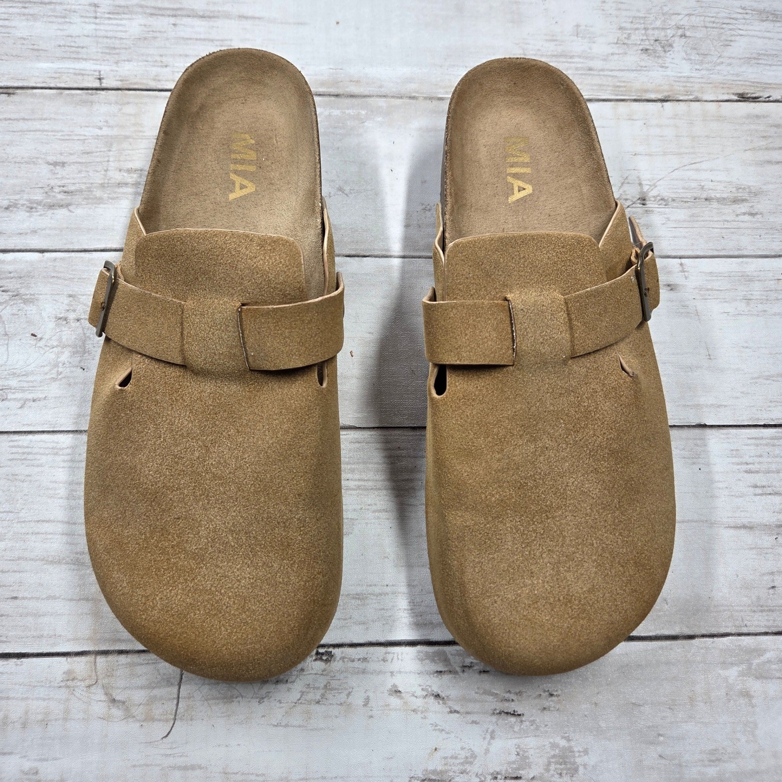 MIA Qwest Platform Clog Mule Womens 7.5M Tan Faux Suede Cork Wedge Buckle Strap