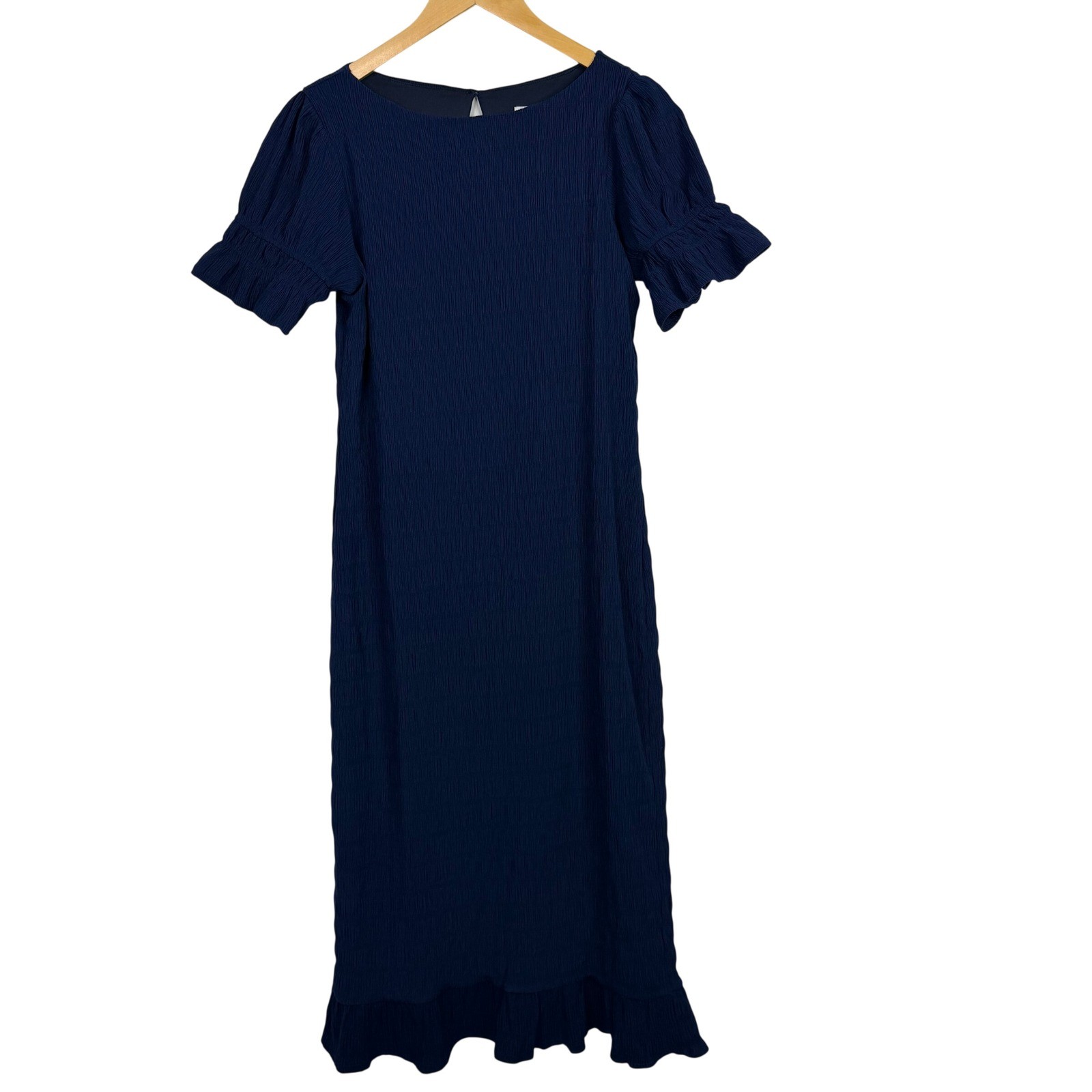 Lost + Wander Navy Blue Textured Puff Sleeve Ruffle Hem Midi Dress M NWT