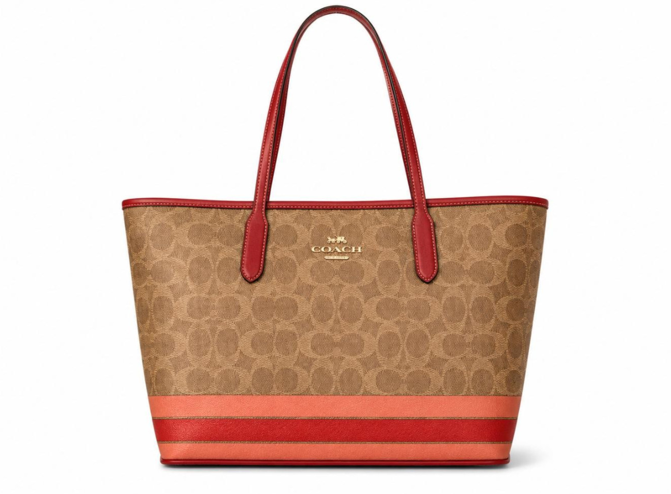 Coach Signature Tote Bag Khaki Canvas Red Leather Trim
