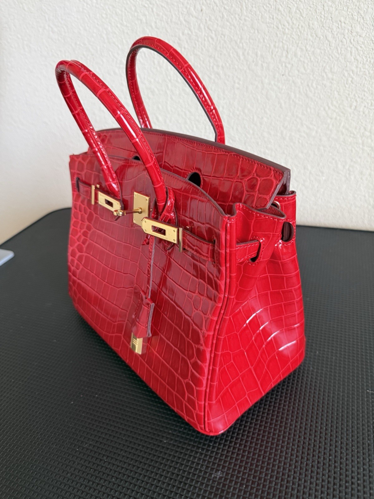 Red Crocodile Embossed Patent Satchel Top Handle, Gold Hardware, Lock, Pockets