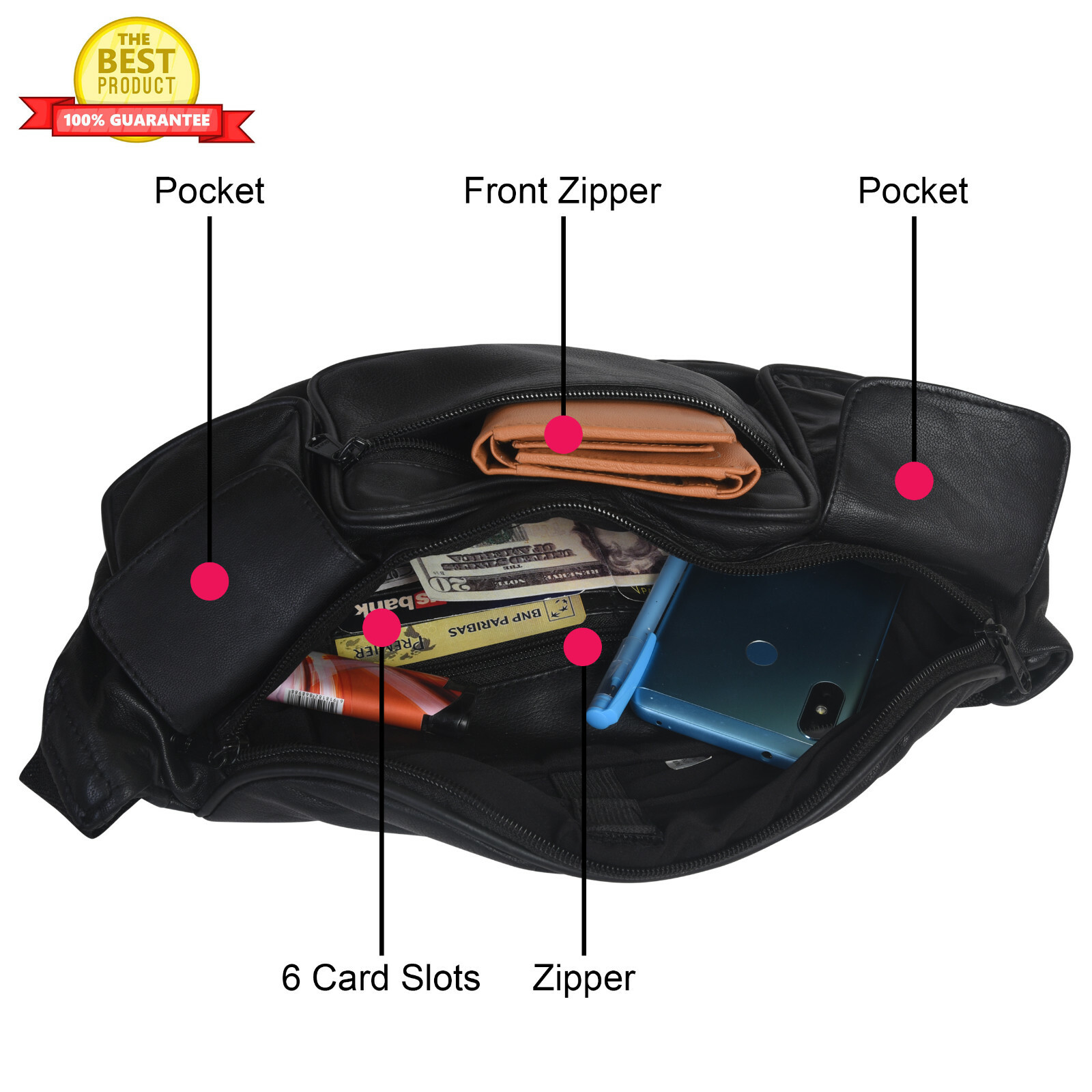 Large Black Solid Leather Waist Fanny Pack Belt Bag Travel Hip Purse Mens Women