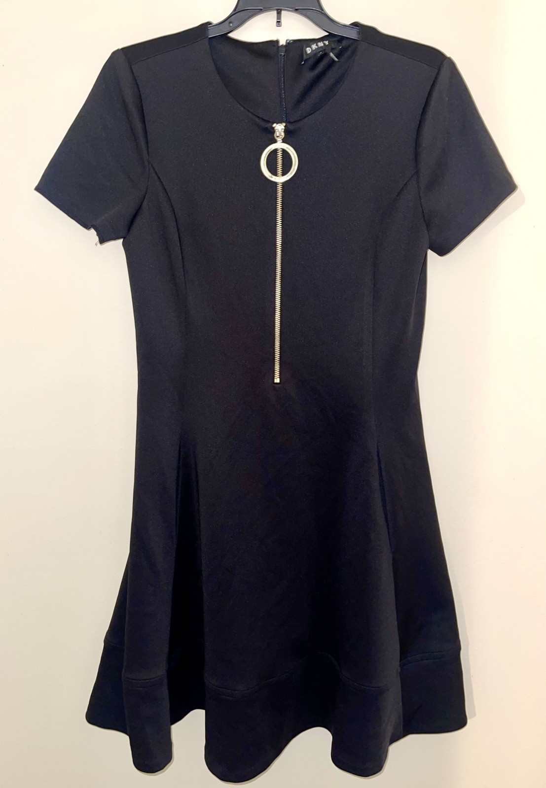 DKNY Fit and Flare Black Dress with Front Gold Zipper Size 8