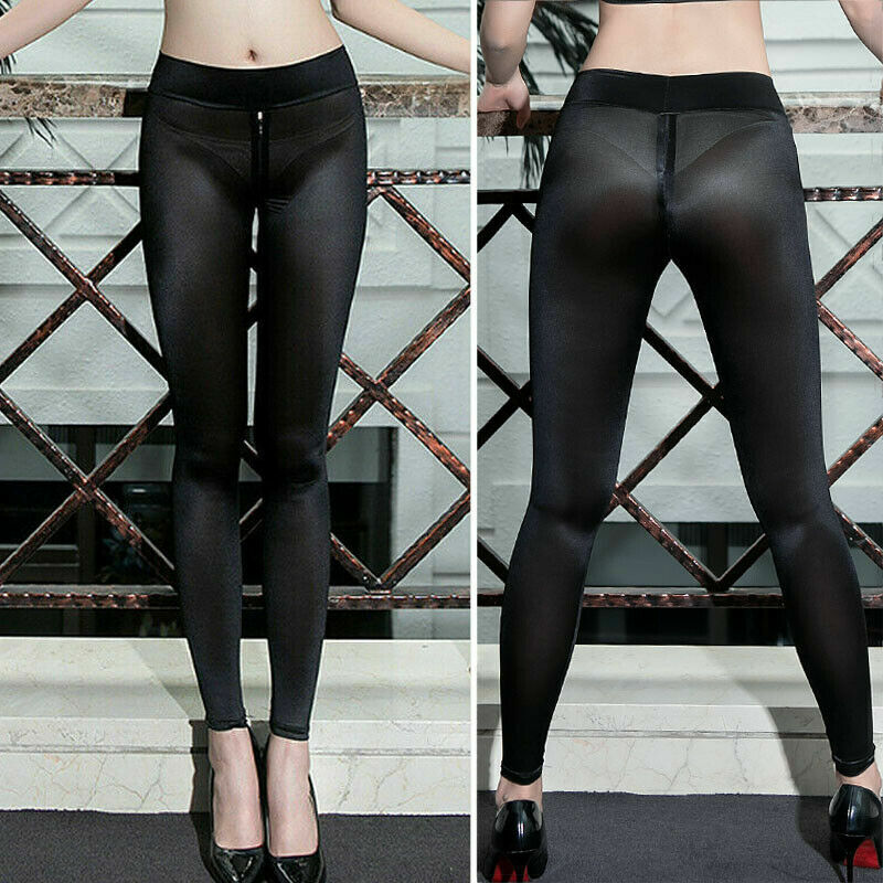 Women/Lady Sheer Shiny Zipper Open Crotch Leggings Silky Trousers Pants Clubwear