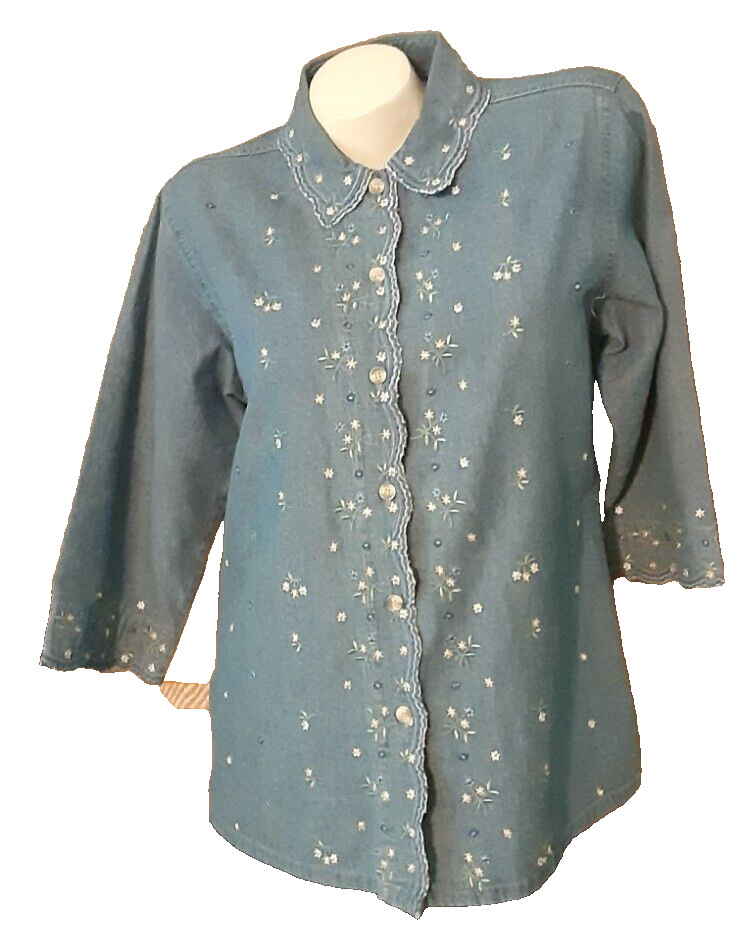 Casey & Max Blue Denim Shirt Bracelet Sleeves Straight Hem Embroidered Misses M