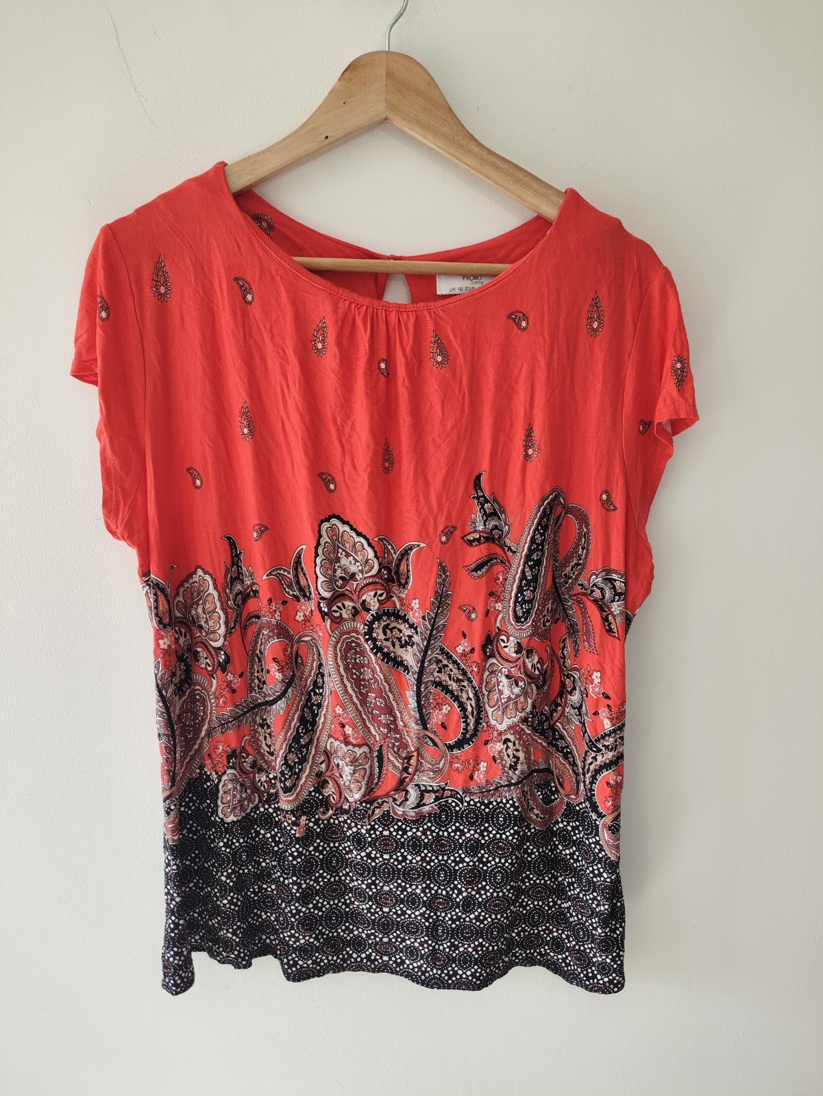 Wallis Womens Top Blouse Size 18 Red Black Paisley Summer Casual Short Sleeve